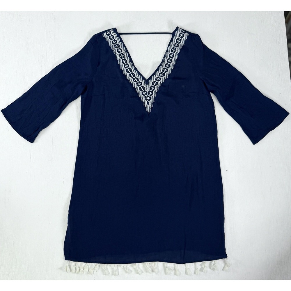 Kona Sol Boho Navy V-Neck Tunic Dress Beach Cover-up Women's M Trim Tassel Hem